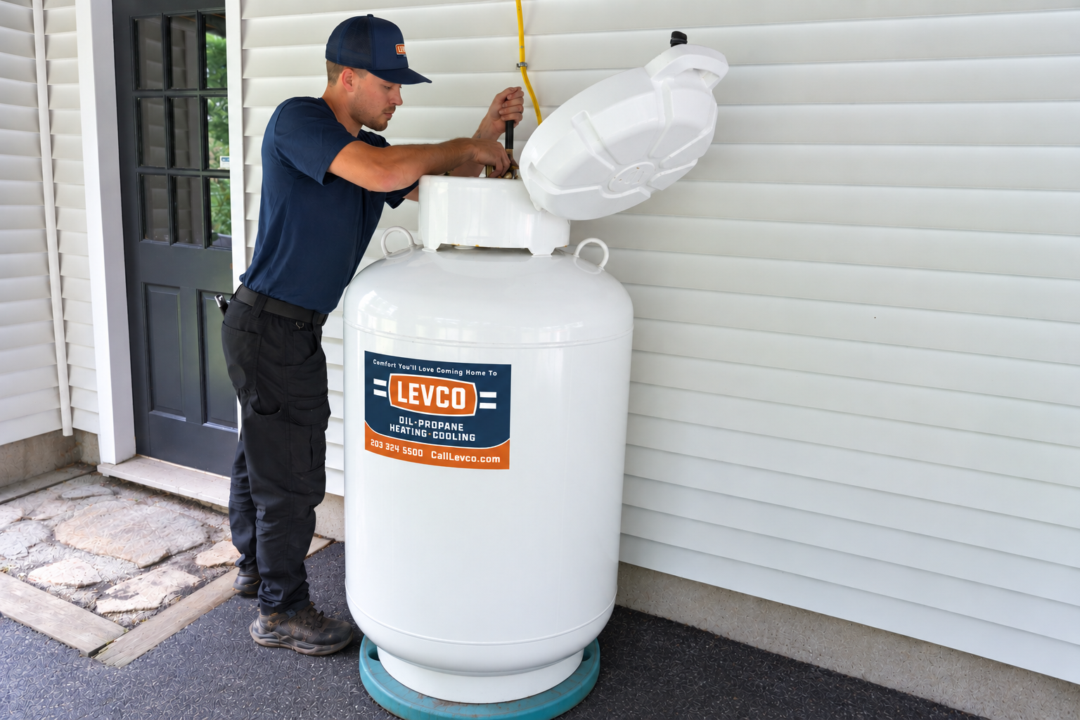 Levco technician connecting a residential propane tank beside a Connecticut home