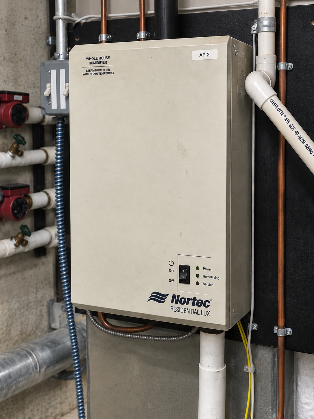 Whole-home steam humidifier installed in a Connecticut mechanical room