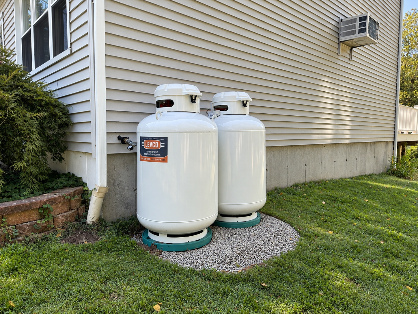 Two Levco propane tanks installed on a gravel pad beside a Connecticut home