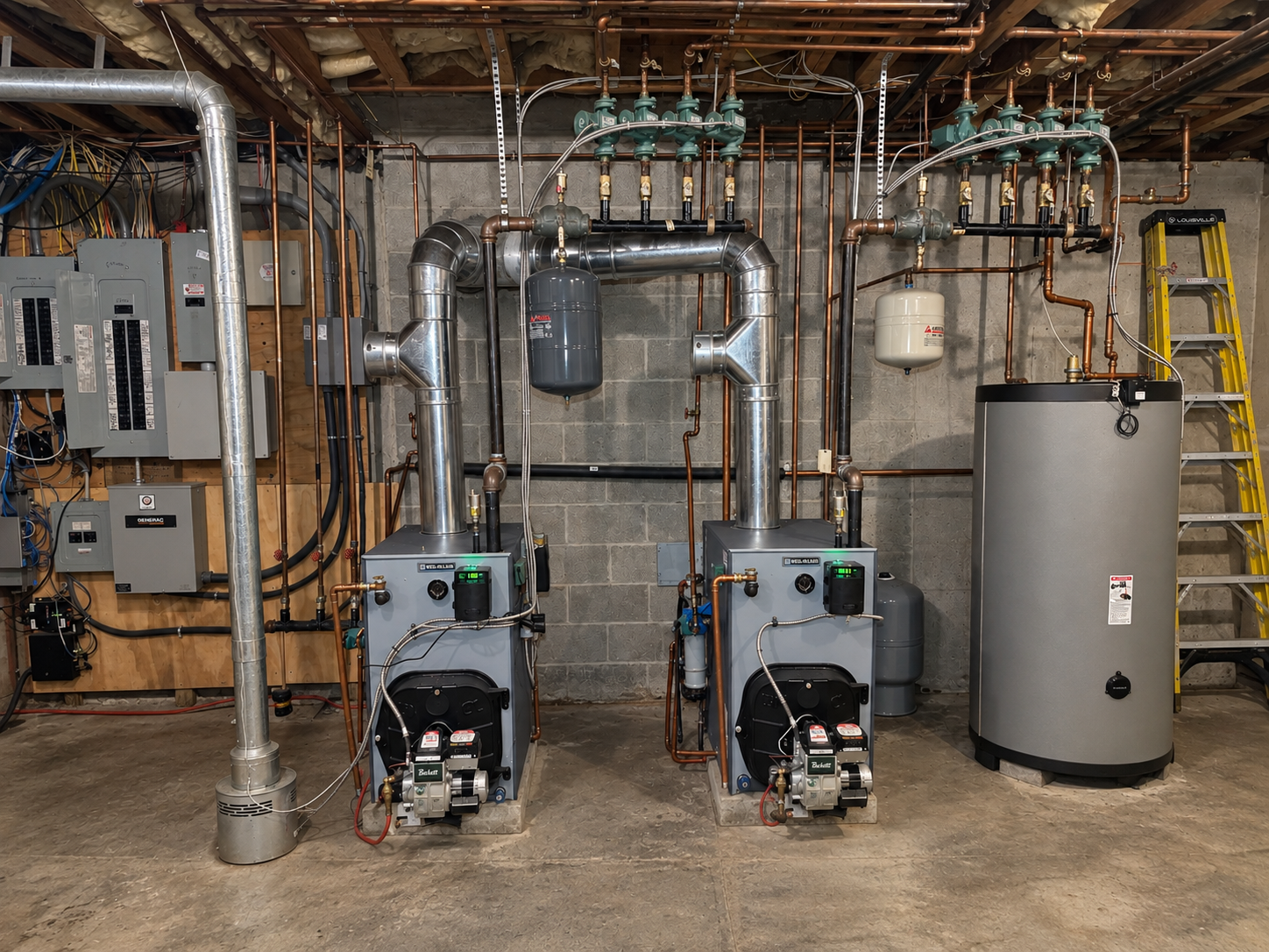 Completed Levco installation with two boilers, a hot-water storage tank, and finished copper piping