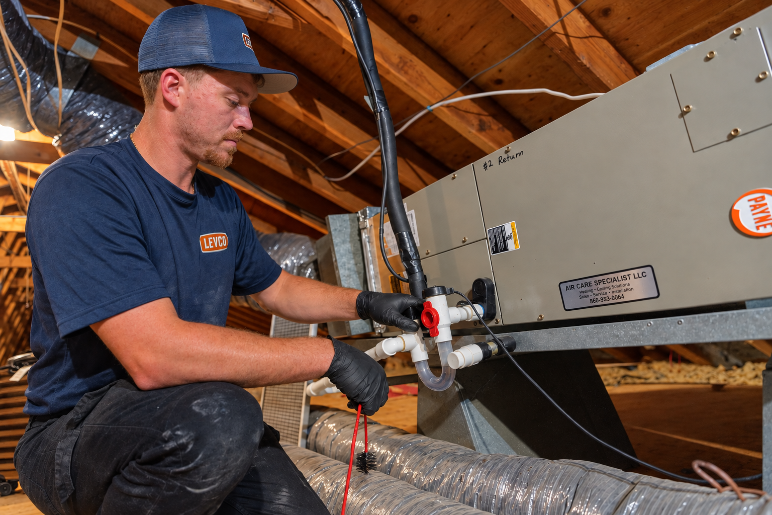 Levco technician servicing the drain and airflow components of an attic cooling system